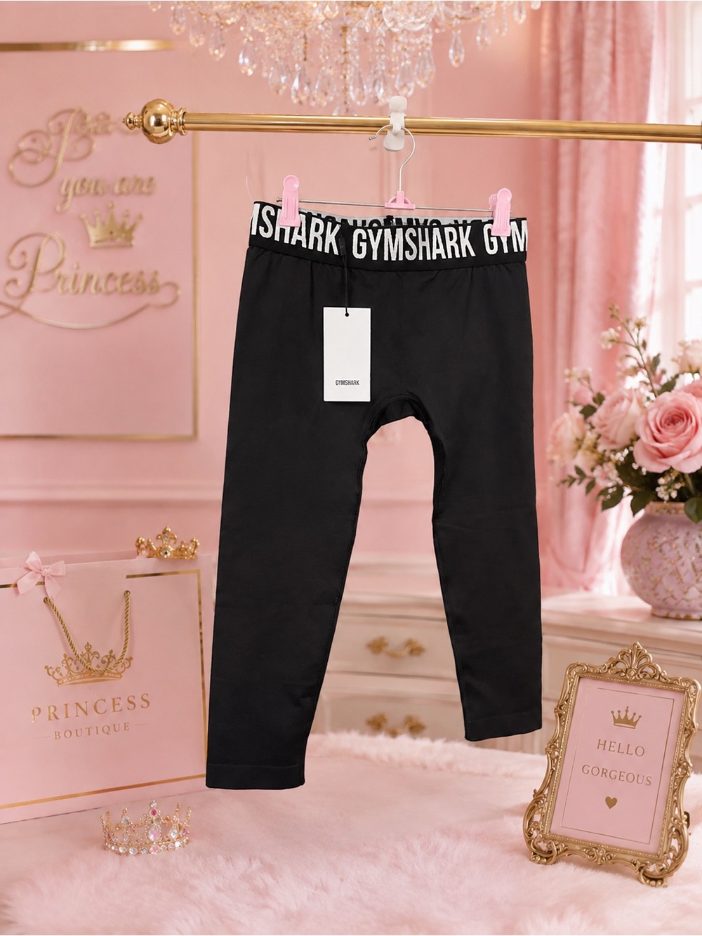 Gymshark Woman Black Leggings with White Logo Waistband New